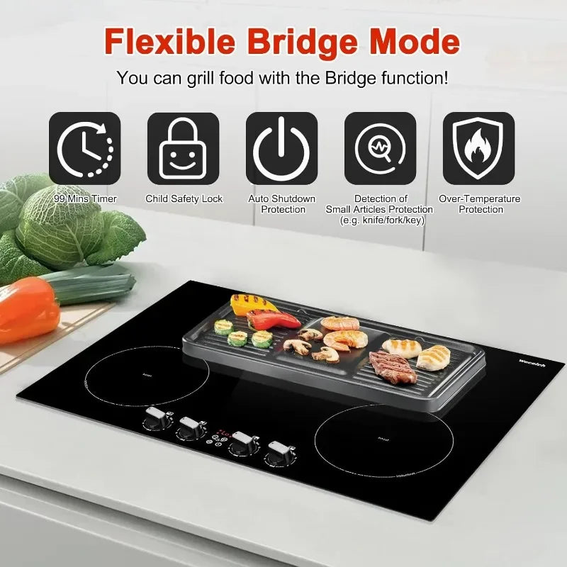 30 inch Induction Cooktop Built-in Electric Induction Stovetop 4 Burners,Boost/Bridge Mode/10 Power Levels/Timer/Safety Lock