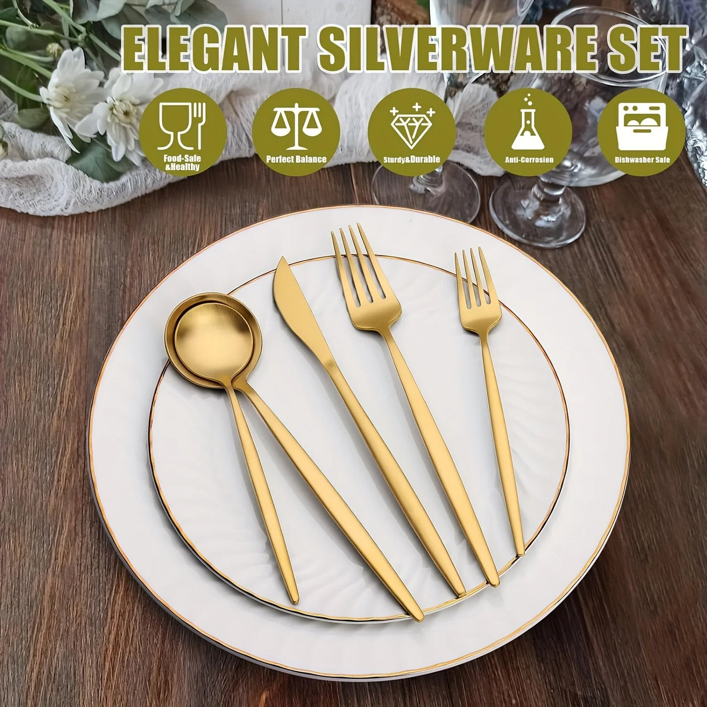 20 Piece Gold Silverware Set for 4, Stainless Steel Flatware Set, Gold Cutlery Set Utensils Set,Tableware Include Forks Knivesn