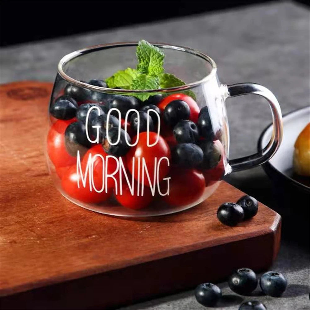 GOOD MORNING Coffee Mug Transparent Breakfast Cup Heat Resistant Glass Cup Teacup Iced Juice Water Cup Wine Beer Glass Drinkware