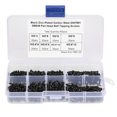 400Pcs Black M2/M2.6 Cross Pan Head Self Tapping Screws Set Assortment Kit Cross pan head self tapping screw set