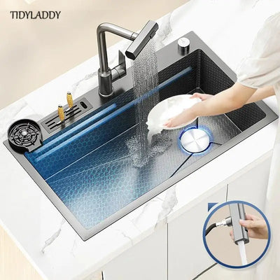 Multifunctional Rotating Pull-Out Waterfall Kitchen Faucets Kitchen Sink Stainless Steel Large Single Slot Kitchen Accessories