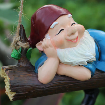 1pc Cute Garden Dwarf Decorations For Yard Hanging Statues, Smile Gnome In Swing Branch Hammock,Resin Tree Ornaments Figurines F