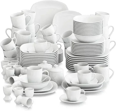 100-Piece Grey White Dish Set for 12, Square Dinner Set with Plates and Bowls,Cups and Saucers, Egg Cups, Sugar Pot and Milk Jar