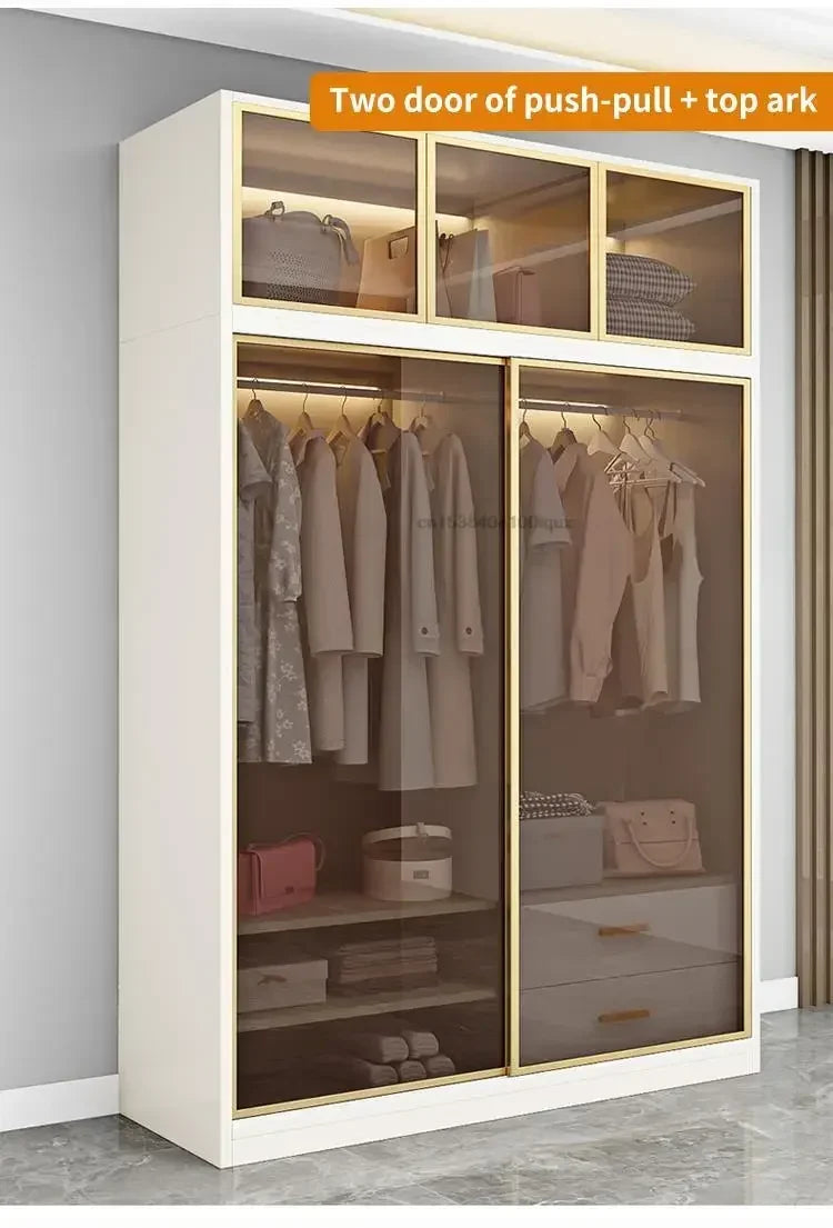 Italian Clothes Cabinet With LED Light And Storage Drawers Transparent Glass Sliding Door Bedroom Wardrobes Luxury Wood Closets