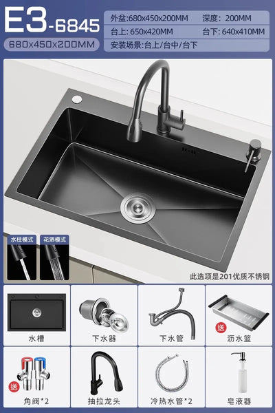 Stainless steel black sink, large single sink, hand-thickened kitchen under-counter basin, vegetable basin, dishwasher