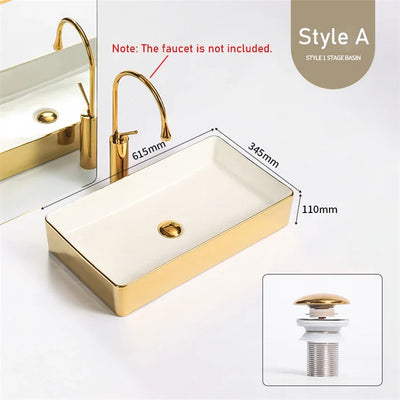 Modern Minimalist Gold Ceramic Tabletop Basin European Style Household Washbasin Basin Square Light Luxury Bathroom Wash Basins