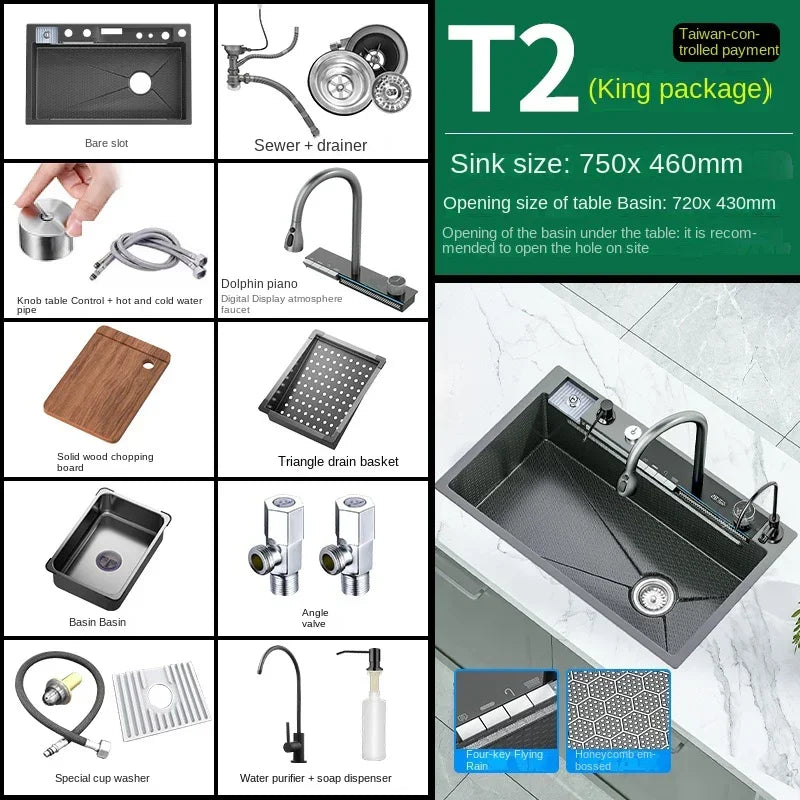 inclusive tax Hot sale modern multifunction waterfall kitchen sink 304 stainless steel single bowl black rainfall kitche