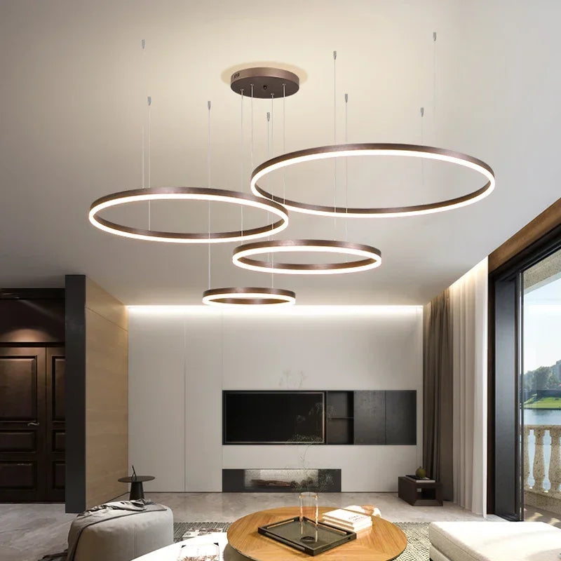 2023 Modern Led Chandelier Home Lighting Brushed Rings Chandelier Lighting Hanging Lamp Gold&Coffee color Ceiling Mounted