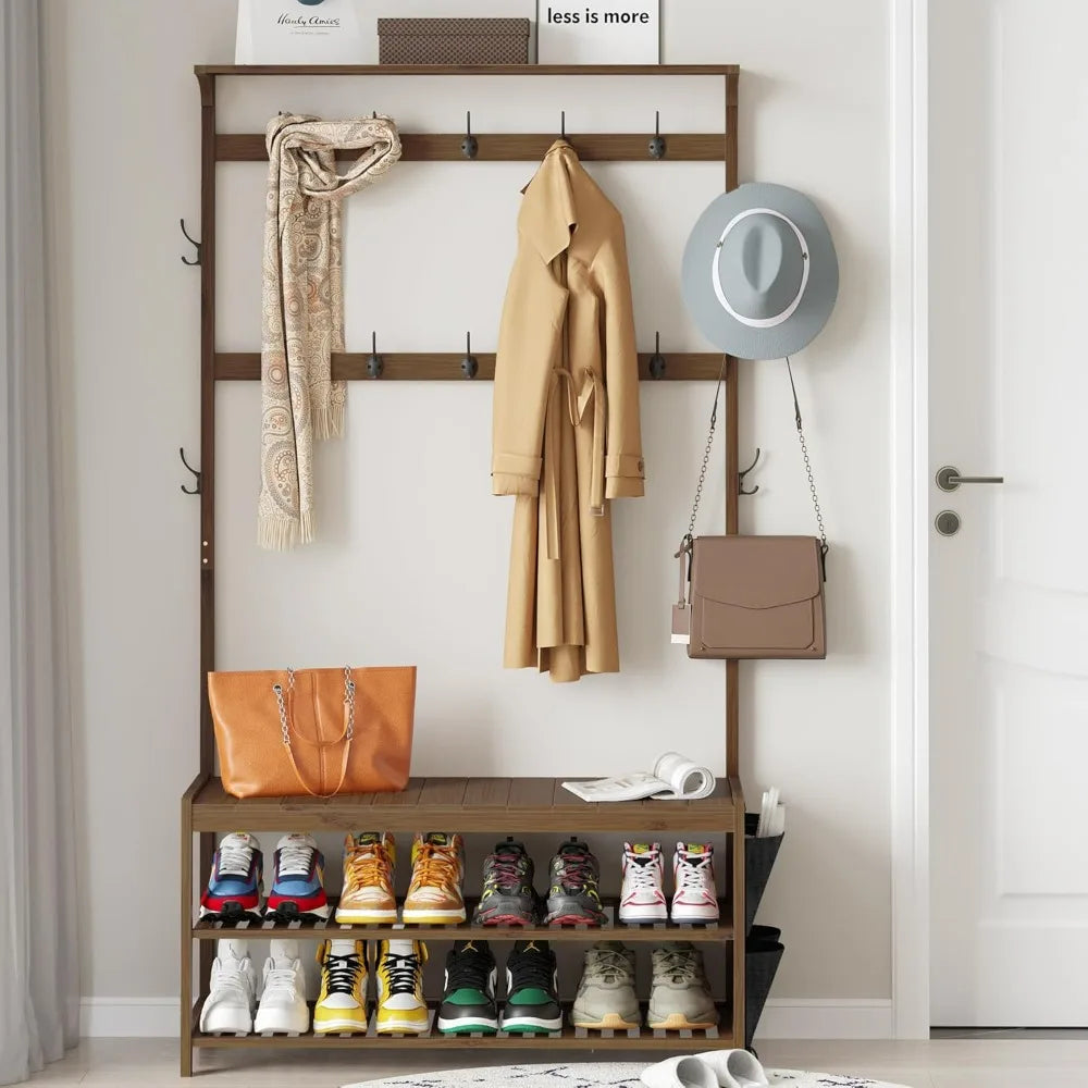 Hall Tree with shoe bench Entryway Bench with Coat Rack 6-in-1 Coat Rack Shoe  with Cloth Bag Storage  with 14 Coat Hooks,