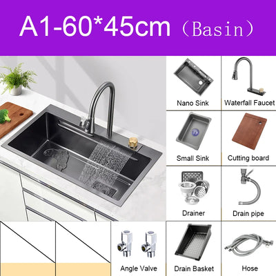 Multifunction Black Nano Kitchen Sink Waterfall Faucet Large Single Bowl Cup Washer Pure Tap Soap Dispenser 304 Stainless Steel