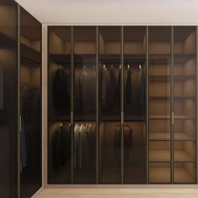 Luxury Wardrobe Furniture New Modern Bedroom Wardrobe Designs Wooden Glass Closet Wardrobe with Aluminum Frame Glass Doors