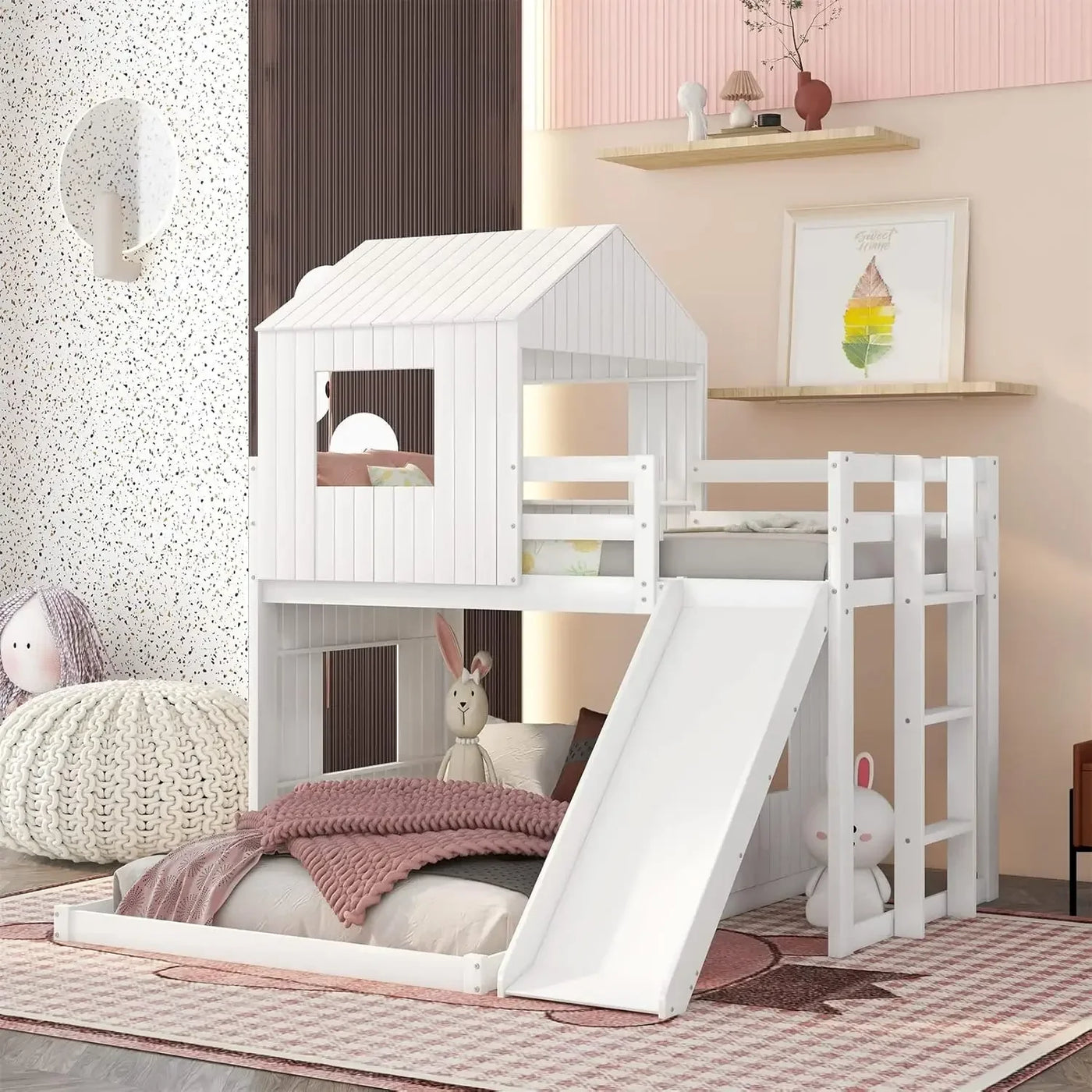 House Bunk Beds Twin Over Full Size, Wood Bunk Beds with Roof and Window Distressed Grey, Twin Over Full with Slide