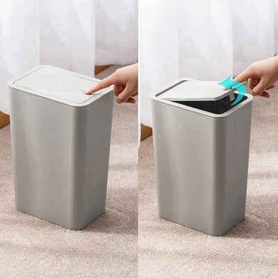 1 Piece Household Square Trash Can Living Room Office Paper Basket Thickened With Lid Push-Type Plastic Light Gray