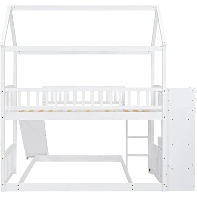 Bunk Bed with Slide, House Bunk Beds Twin Over Twin Stairway Bunk Beds Playhouse Bunkbed with Storage for Kids Toddlers, White