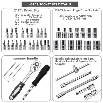 46PCS Drive Socket Set,Metric Ratchet Wrench Set With CR-V Sockets,S2 Bits,Mechanic Tool Kits For Household Auto Repair