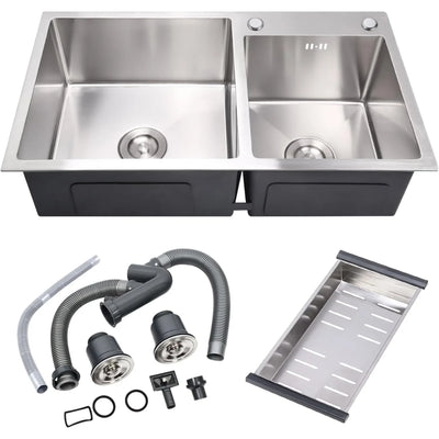 32" x 18" Drop-in/Topmount Double Bowl Kitchen Sink, Nano-Coated 304 Stainless Steel Kitchen Sink with Drain and Overflow