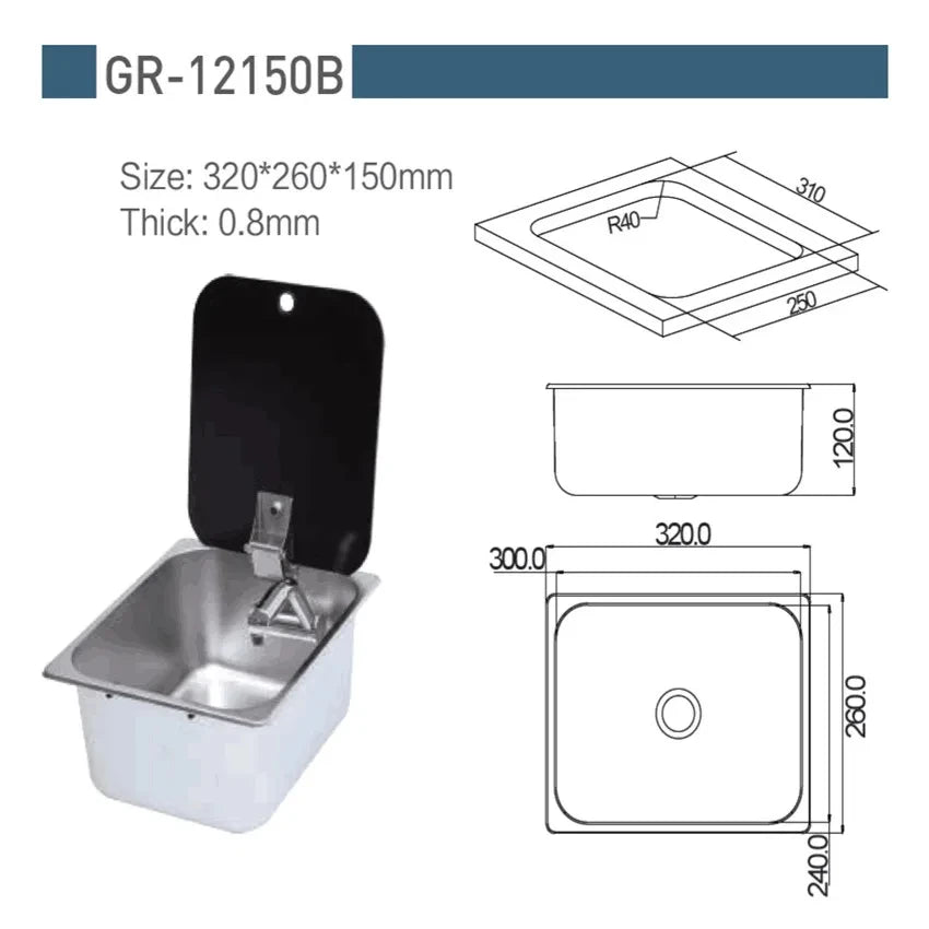 Stainless Steel Sink Tempered Glass Lid 320*260*150mm Boat Caravan RV Of GR-12150B