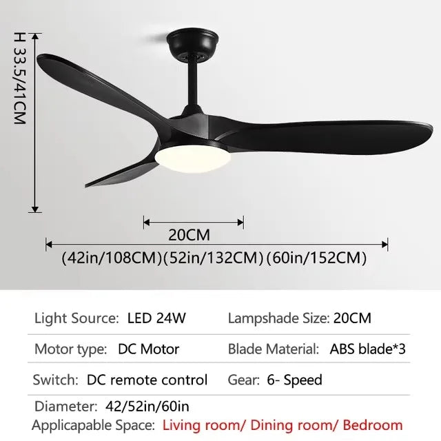 42/52/60Inch 3 ABS blade DC 35W pure copper motor Ceiling Fan with Remote Control and 20W LED Light Restaurant Fan