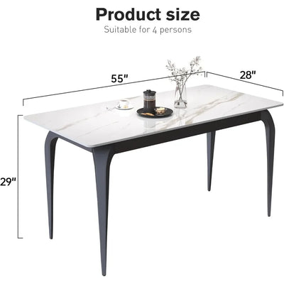 Dining Table with Marble Sintered Stone White Table Top and Metal Legs, 55" Rectangular Modern Kitchen Table, Dining Room Table