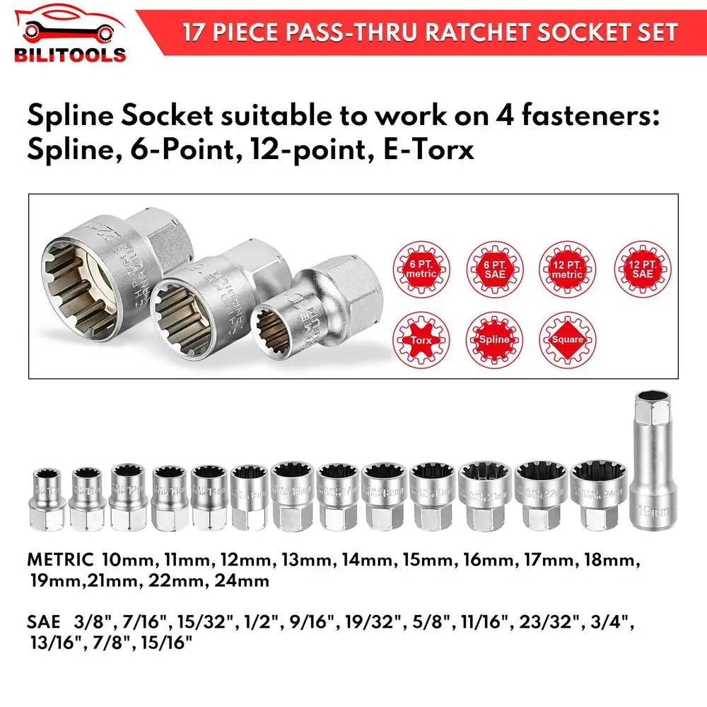 17-Piece Universal Pass Through Socket Set Mechanics Tool Hex 3/8" 1/2" Dr. Ratchet Wrench Kit Hexagonal Go-Thru Spline Drive