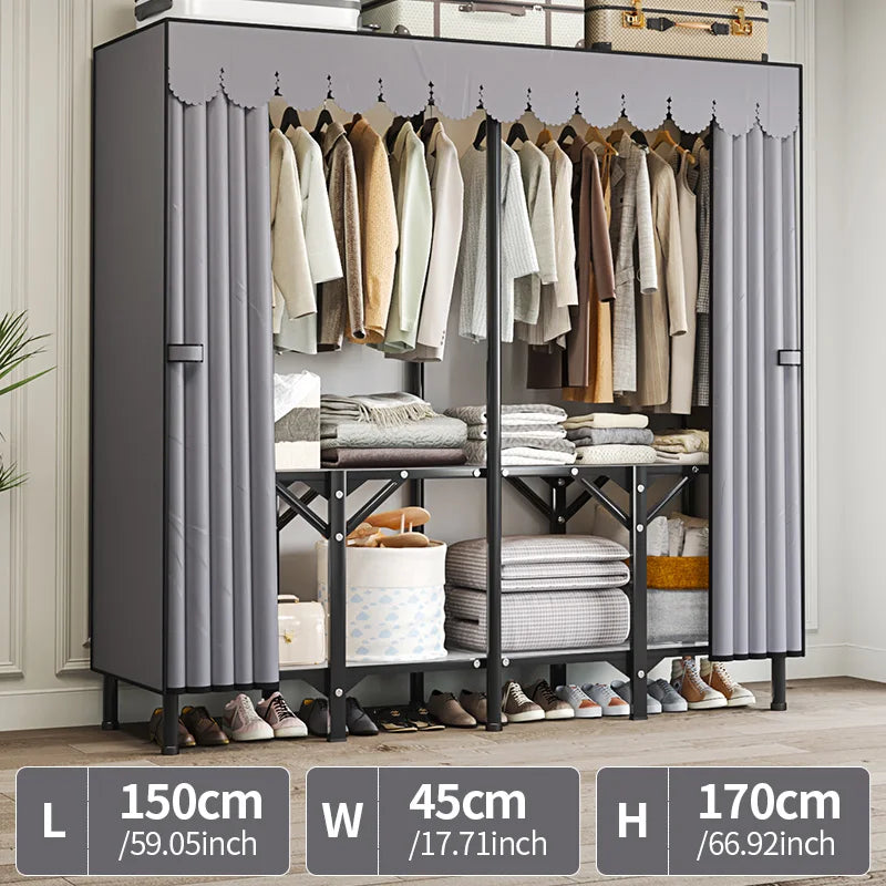 Foldable base unfolded and ready to use wardrobe; A large capacity wardrobe with a stable and durable steel pipe frame