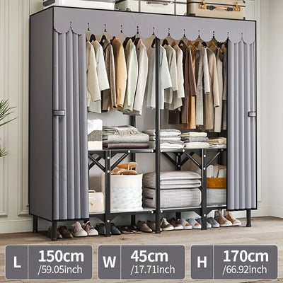 Foldable base unfolded and ready to use wardrobe; A large capacity wardrobe with a stable and durable steel pipe frame