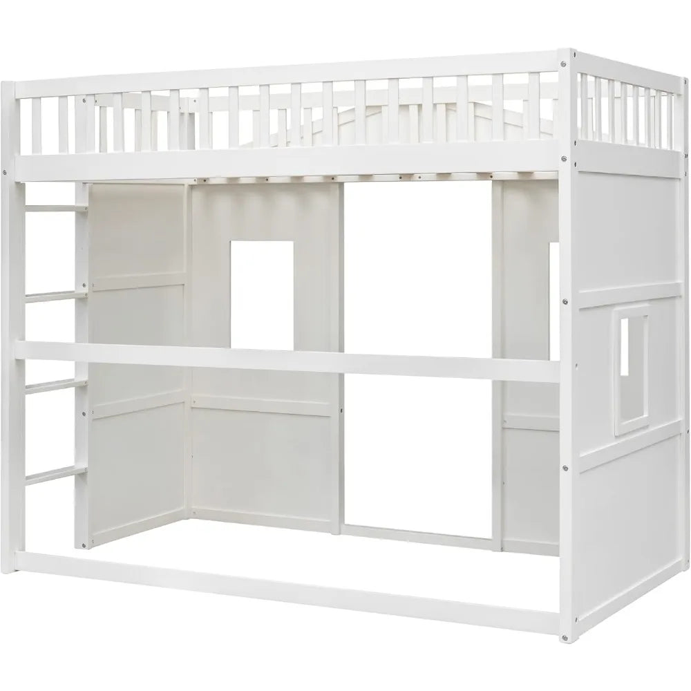 House Loft Bed Twin Kids Playhouse Bed, Solid Wood Loft Bed Frame with Window and Ladder, for Girls Boys (Twin Size, White)