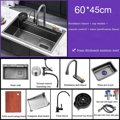 Multifunction Black Nano Kitchen Sink Waterfall Faucet Large Single Bowl Cup Washer Pure Tap Soap Dispenser 304 Stainless Steel