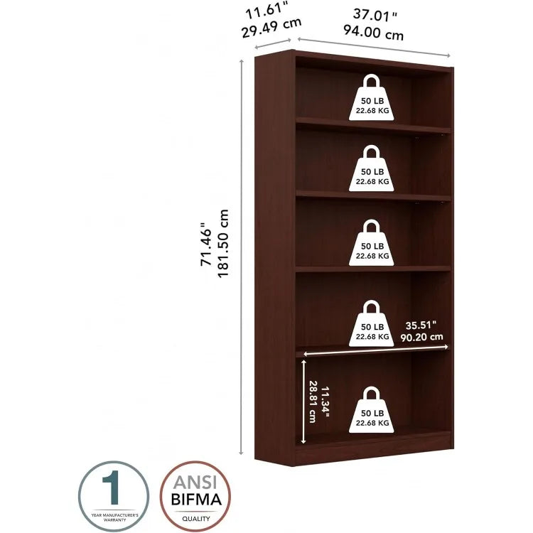 Universal Tall 5 Shelf Bookcase in Vogue Cherry, Vertical Storage and Display Bookshelf for Home Office or Living Room