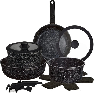 Cookware Set with Removable Handle, Oven & RV Safe Pots and Pans Set, Black/Grey Wood Handle