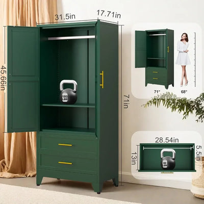 Metal Clothing Storage Cabinets with  Doors  Adjustable Shelf and  Drawers Metal Wardrobe Cabinet with Hanging Rod