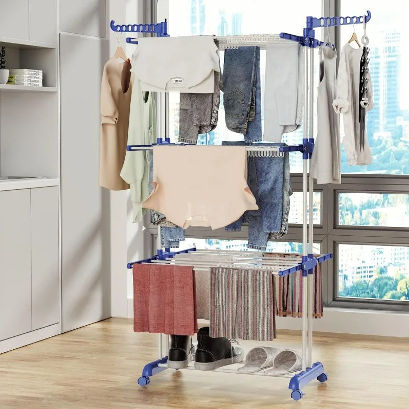 Clothes Drying Rack,Folding Clothes Rail Storage Rack, 4 Tier Clothes Horses Rack Stainless Steel Laundry Garment Dryer Stand