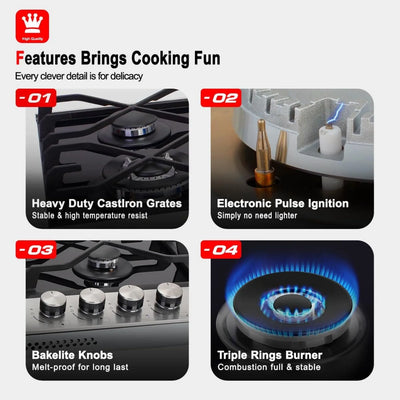 4 Burner Gas Cooktop,24 Inch Gas Hob, NG/LPG Convertible Natural Gas Propane Cooktops,Black Tempered Glass