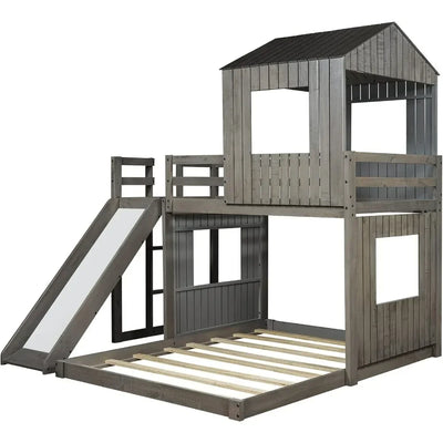 House Bunk Beds Twin Over Full Size, Wood Bunk Beds with Roof and Window Distressed Grey, Twin Over Full with Slide