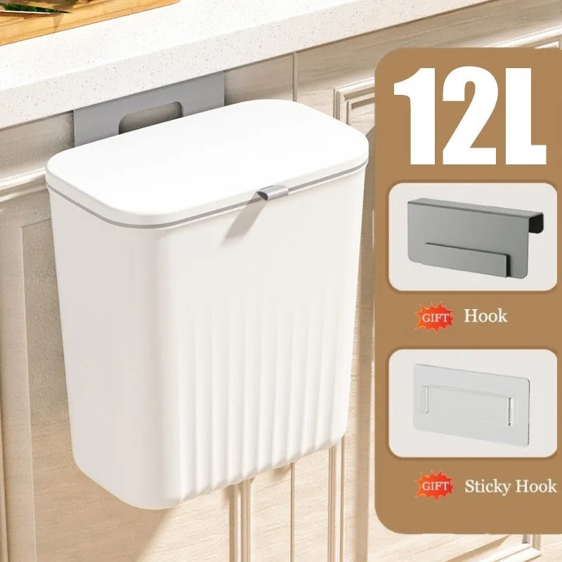 12L Kitchen Wall Mounted Trash Can for Cabinet Door Hanging Garbage Bin With Lid Recycling Garbage Basket Bathroom Toilet Bin