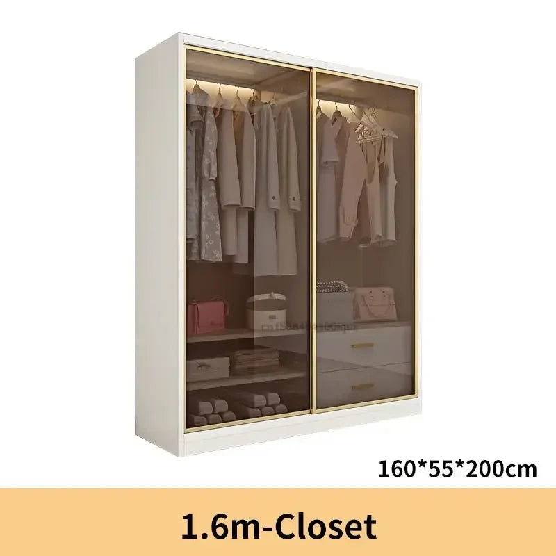 Italian Clothes Cabinet With LED Light And Storage Drawers Transparent Glass Sliding Door Bedroom Wardrobes Luxury Wood Closets