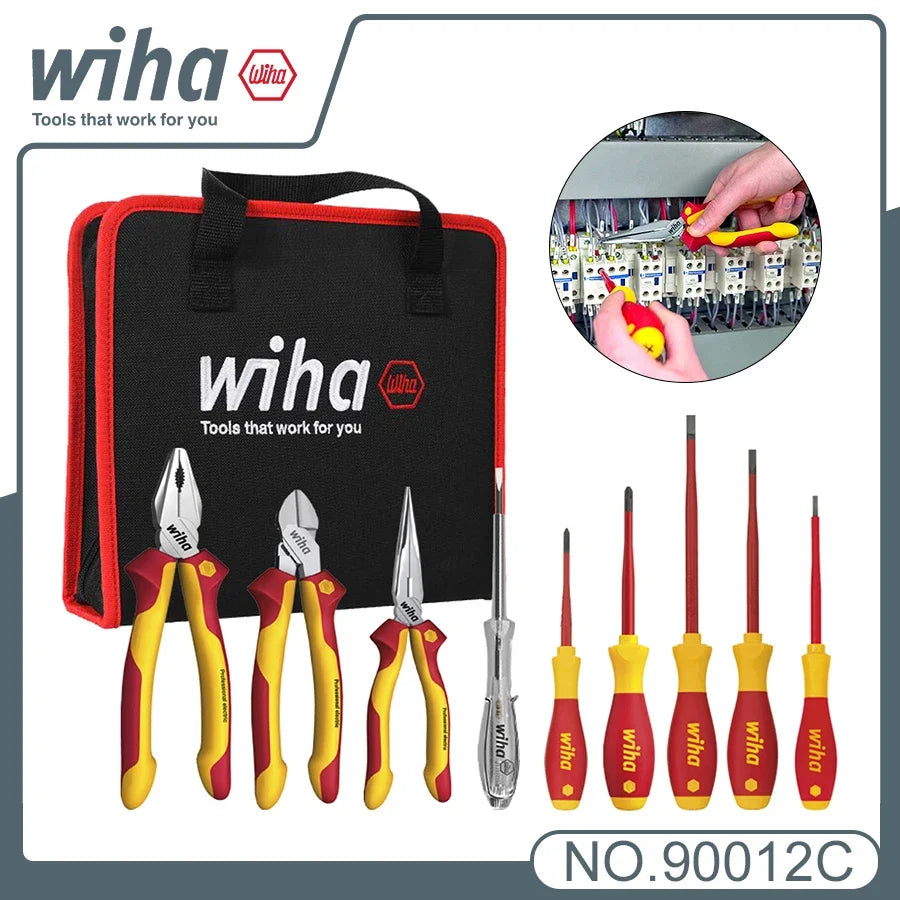 WIHA Electrician's Insulation Tool Set with Combination Pliers Set Screwdriver Set Electrical Test Pen Black Tool Bag 90012C