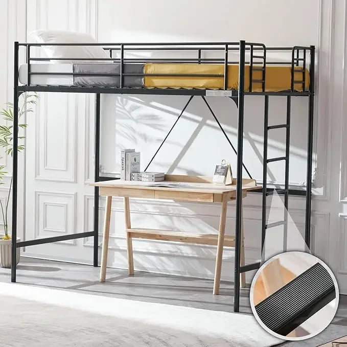 Loft Bed Full Size with Flat Rungs for Adults, Kids and Young Teens, No Box Spring Required,Heavy Duty Metal Slat Support