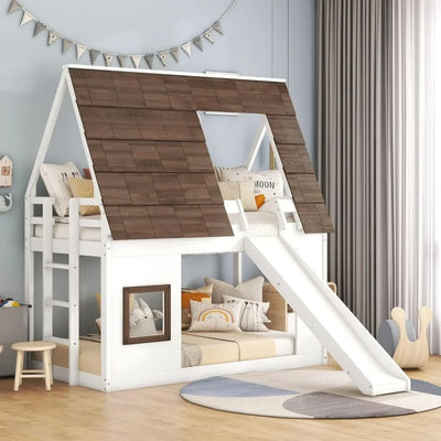 Bunk Bed, Twin Over Twin House Bunk Bed Frame with Roof, Window, Ladder and Slide for Boys Girls, Children Beds