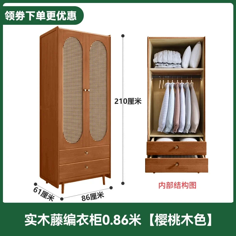 Solid Wood Wardrobe Home Bedroom Small Apartment Closet American Style French Style Retro Wardrobe Rattan Sliding Door Wardrobe