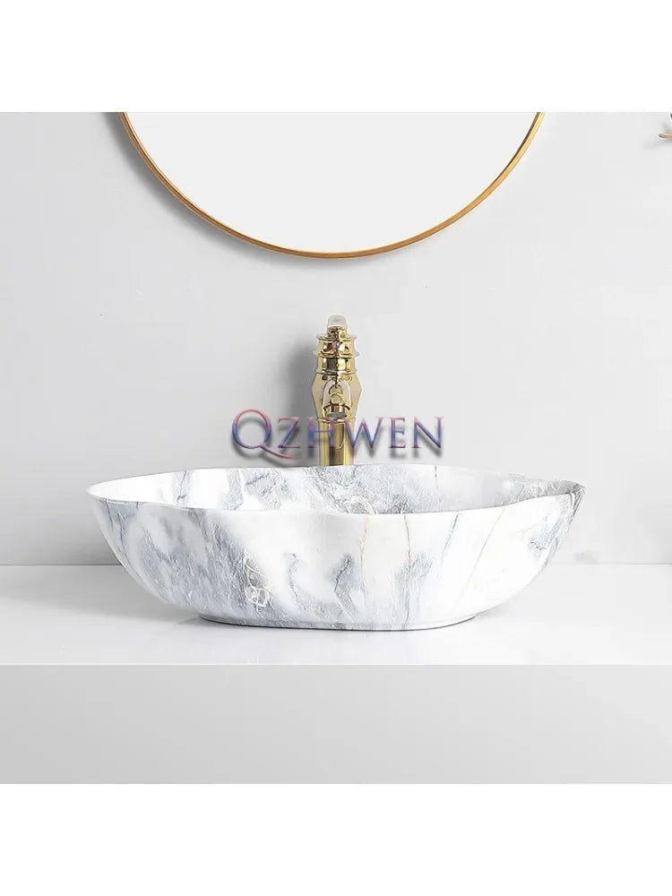 Ceramic Washbasin Marble Pattern Countertop Sinks Luxury Hotel Art Basin Flower Shape Bathroom Hand Wash Vessel Sink 50*37*14cm