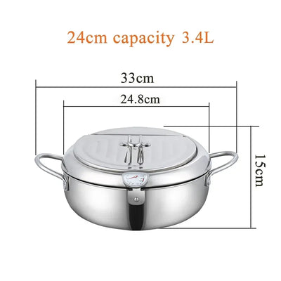 20 /24 /28cm Japanese Deep Frying Pot with a Thermometer and a Lid 304 Stainless Steel Kitchen Tempura Fryer Pan