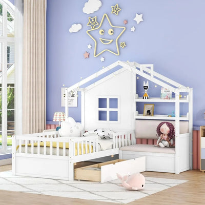 Kids Twin House Bed Frame with Upholstered Sofa and 2 Drawers, Wood Montessori Bed with Storage Shelves and Tall Rails