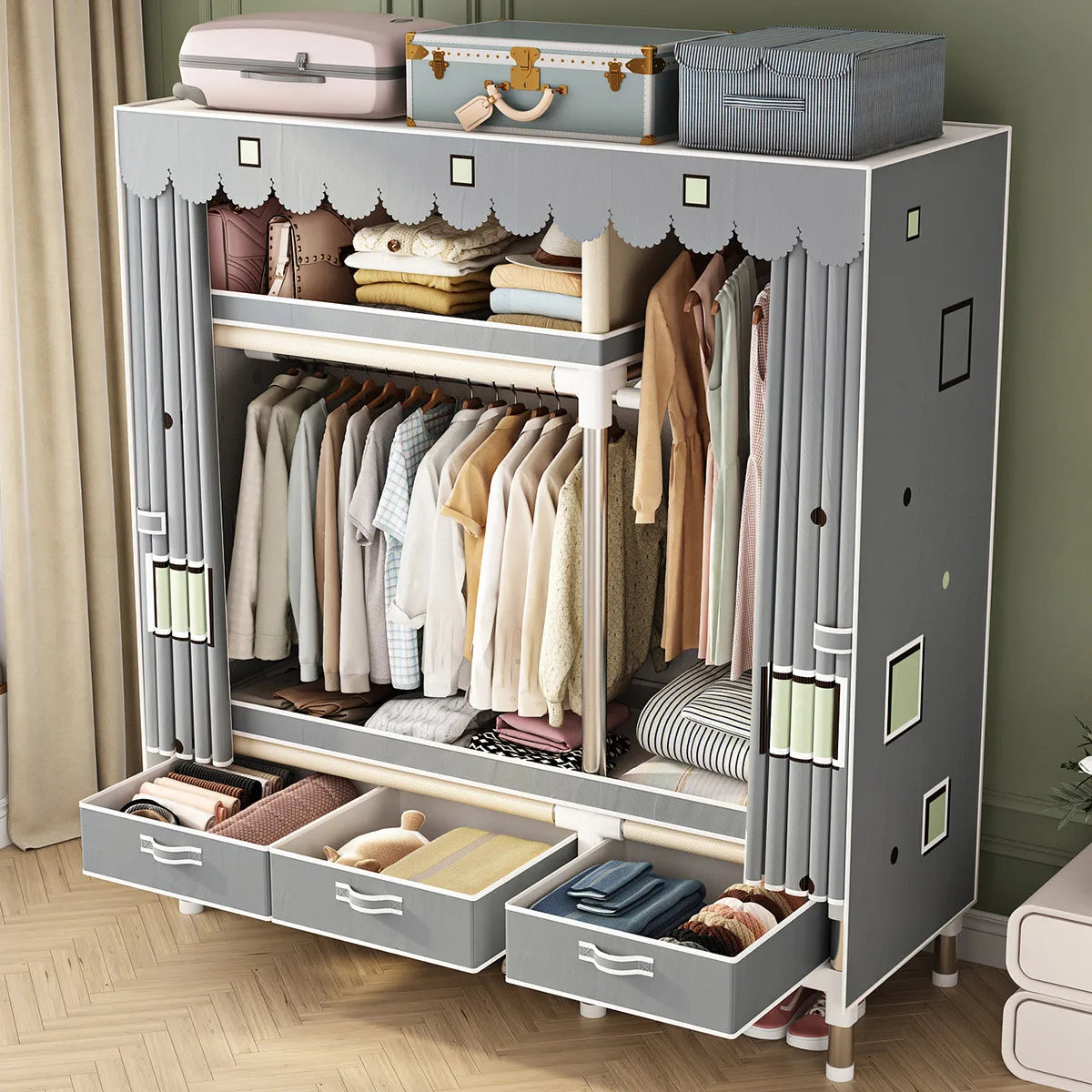 Bedroom Clothes Hanging Storage Wardrobe Dormitory Storage Cabinet Simple Cloth Wardrobe Fabric Steel Assembly Closet