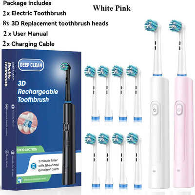 Rotating Electric Toothbrush Black White for Adults with 4 Brush Heads Deep Clean with Rechargeable Power and 2 Min Smart Timer