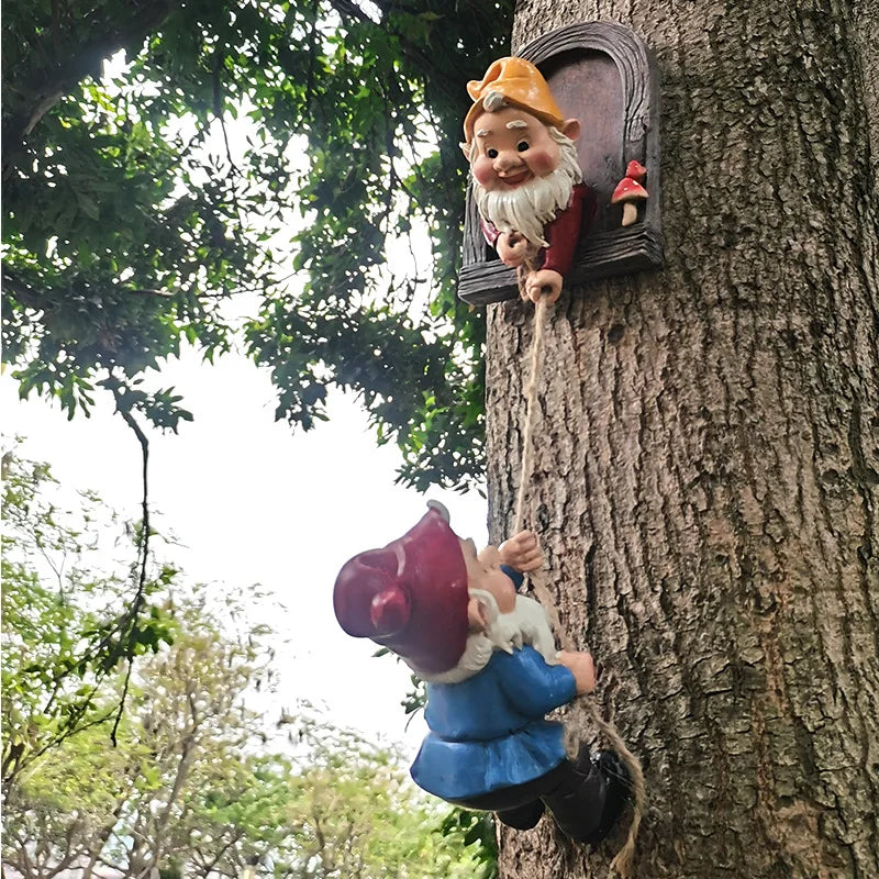 Resin Climbing Gnome Sculpture White Beard Dwarf Art Statue Courtyard Landscape Figurines Garden Tree Decoration Elf Pendant