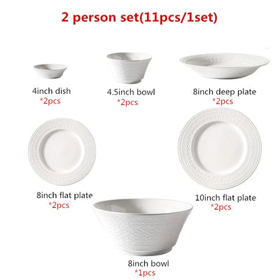 Luxury White Nordic Relief Sculpture Ceramic Tableware Ceramics Dishes Salad Soup Bowl Flat Plates Serving Tray Dinnerware Set