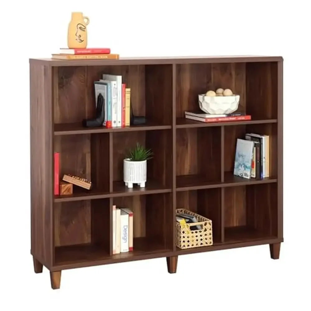 Modern Bookshelf with Cubby Storage Grand Walnut Finish Durable Engineered Wood