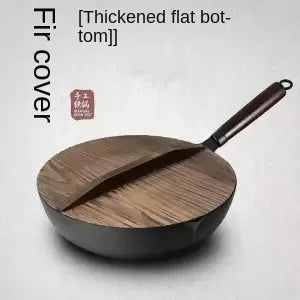 Carbon Steel Wok Pan 32cm Stir-Fry Pans with Wooden Lid Uncoated Flat Bottom Chinese Pan for Induction Electric Gas All Stoves