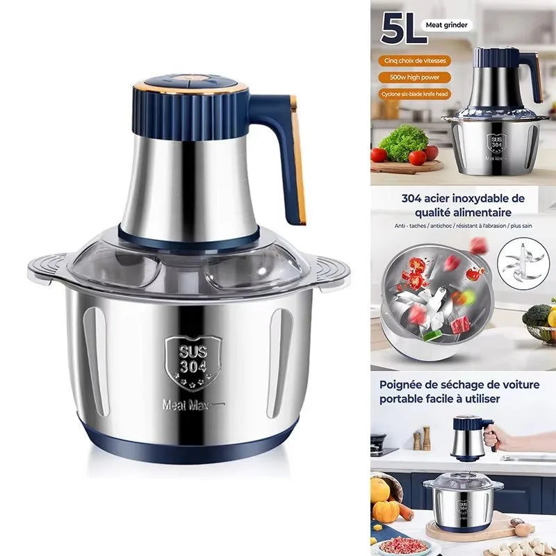 Electric Meat Mincer Grinder Stainless Steel Chopper 5L Food Processor Garlic Mud Maker Blender Large Capacity Meat Grinder